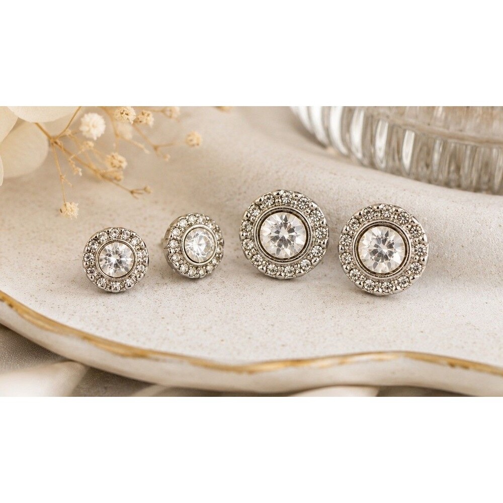 Vintage Silver Tone Rhinestone Halo Stud Earrings Round Crystal 2 Set Stack